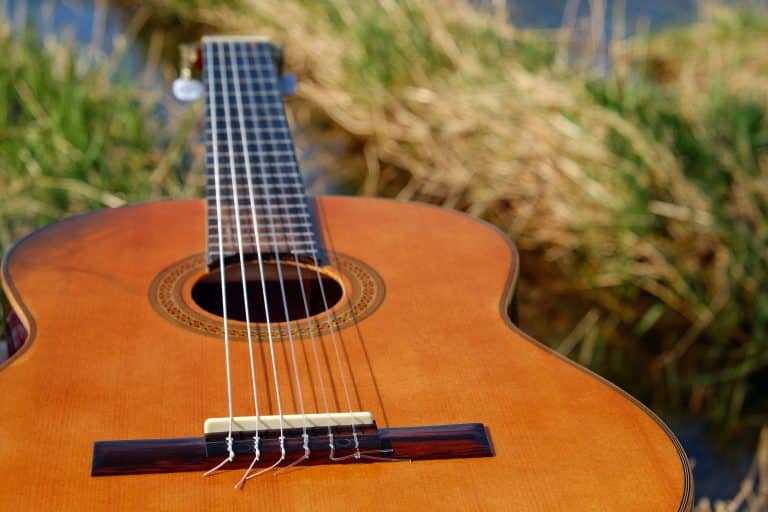 Guitare acoustique posée dans l'herbe